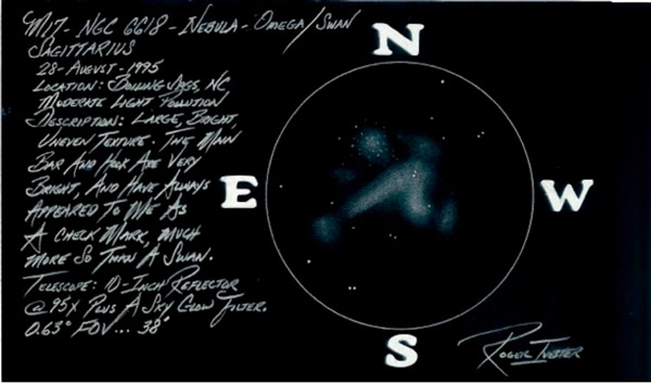 M17, The Omega Nebula, or Swan Nebula, sketched by Roger Ivester in his backyard in North Carolina. Colors inverted on a scanner.