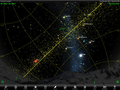StarSeek Max includes over 580,000 solar system objects, including every asteroid and comet ever discovered. Follow them along the Ecliptic (yellow line) through the sky.