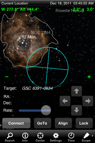 The telescope control screen makes it easy to guide your scope right to a desired object. You can set a bullseye target representing your finder scope, eyepiece, and/or camera's field of view.
