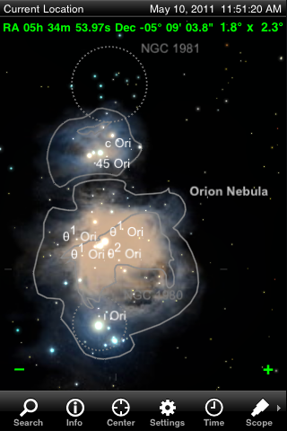 Many objects have photographs embedded in the star chart, like this one for the Orion nebula, that scale in size as you zoom in or out using a two-finger 'expand or pinch' motion.