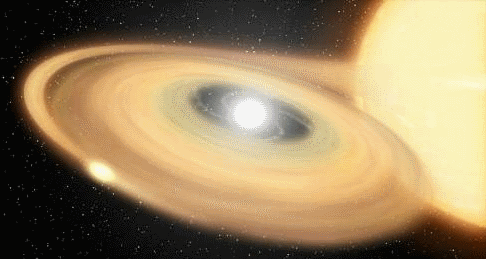 Artist's conception of a white dwarf and a companion star. The white dwarf, the bright white object within the disk, sucks matter from its more sedate companion star. The star eventually emits a huge flash of light. (Image: NASA)