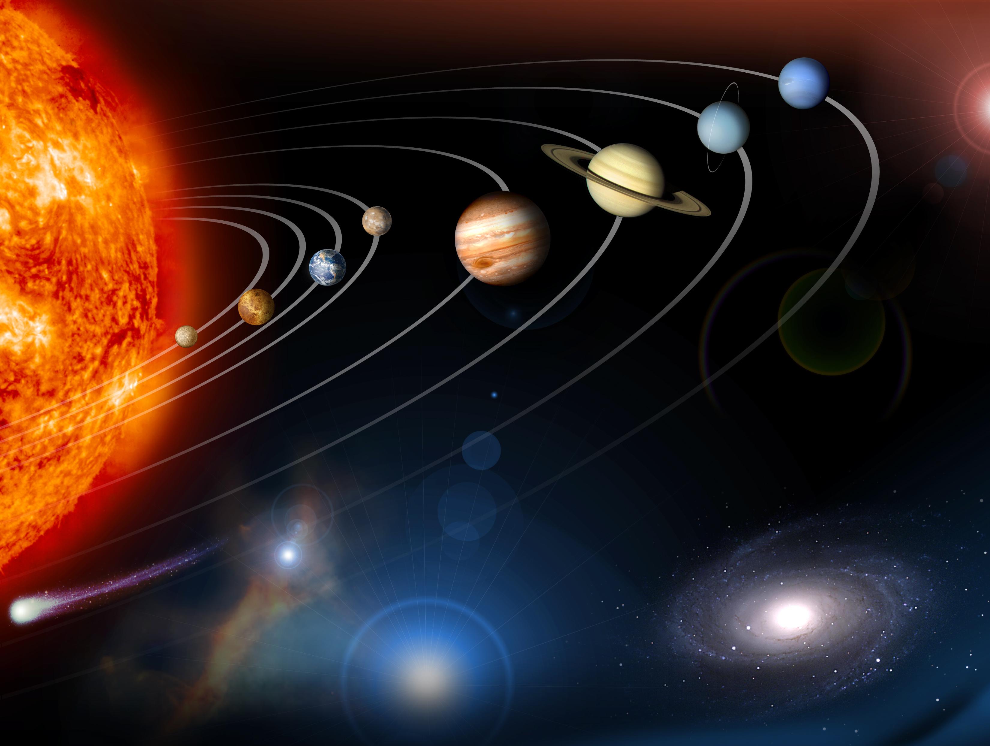 This digital collage contains a highly stylized rendition of our solar system and points beyond.